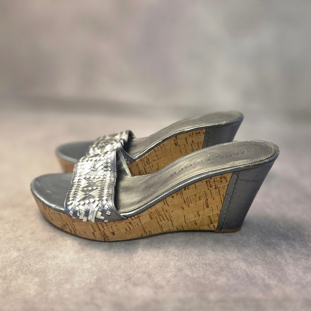 Marc Fisher Metallic Silver Woven Cork Wedge Sandals Slide Mules
